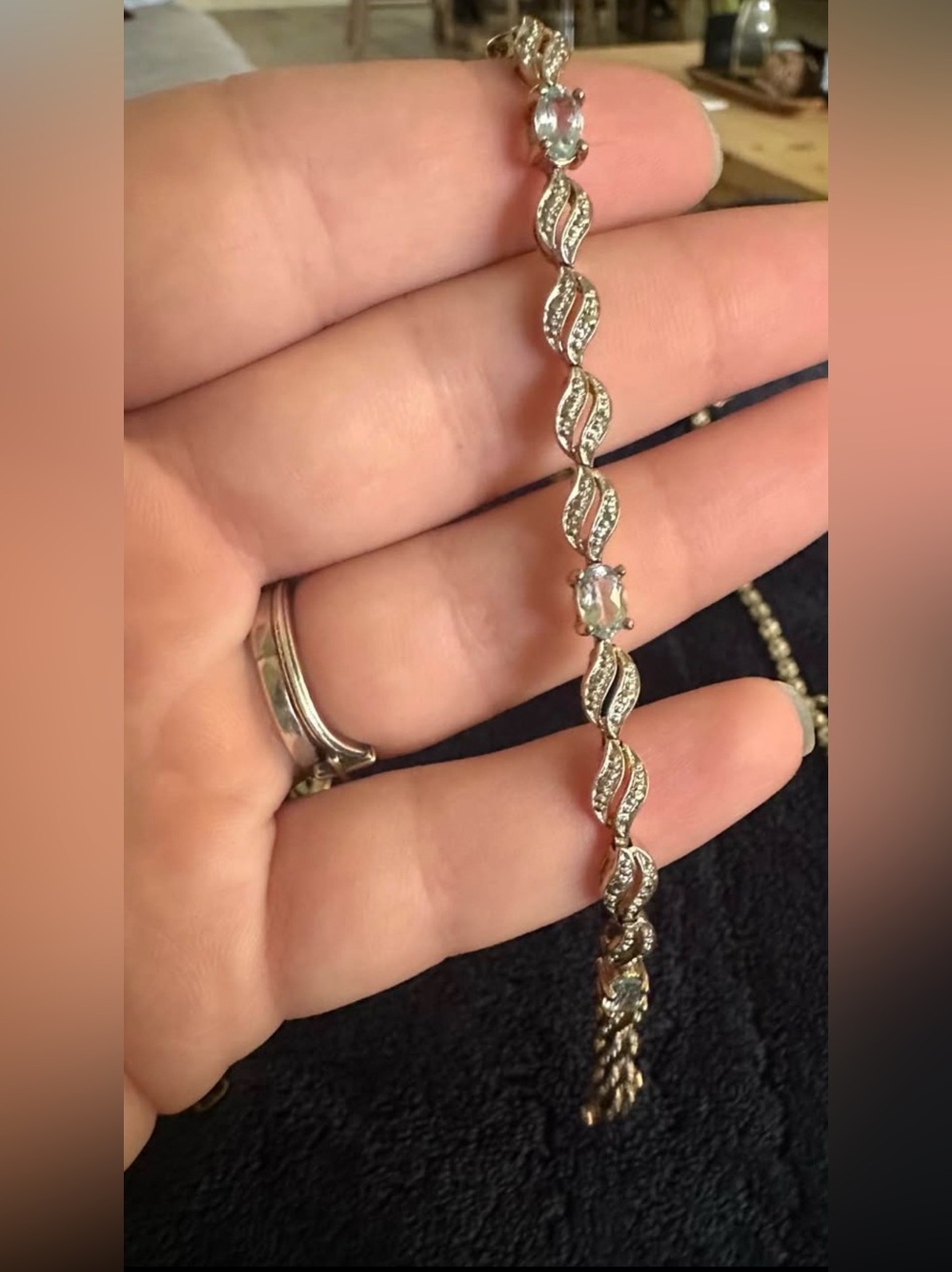 Sterling Silver Wave Link Bracelet with Clear Stones - Silver